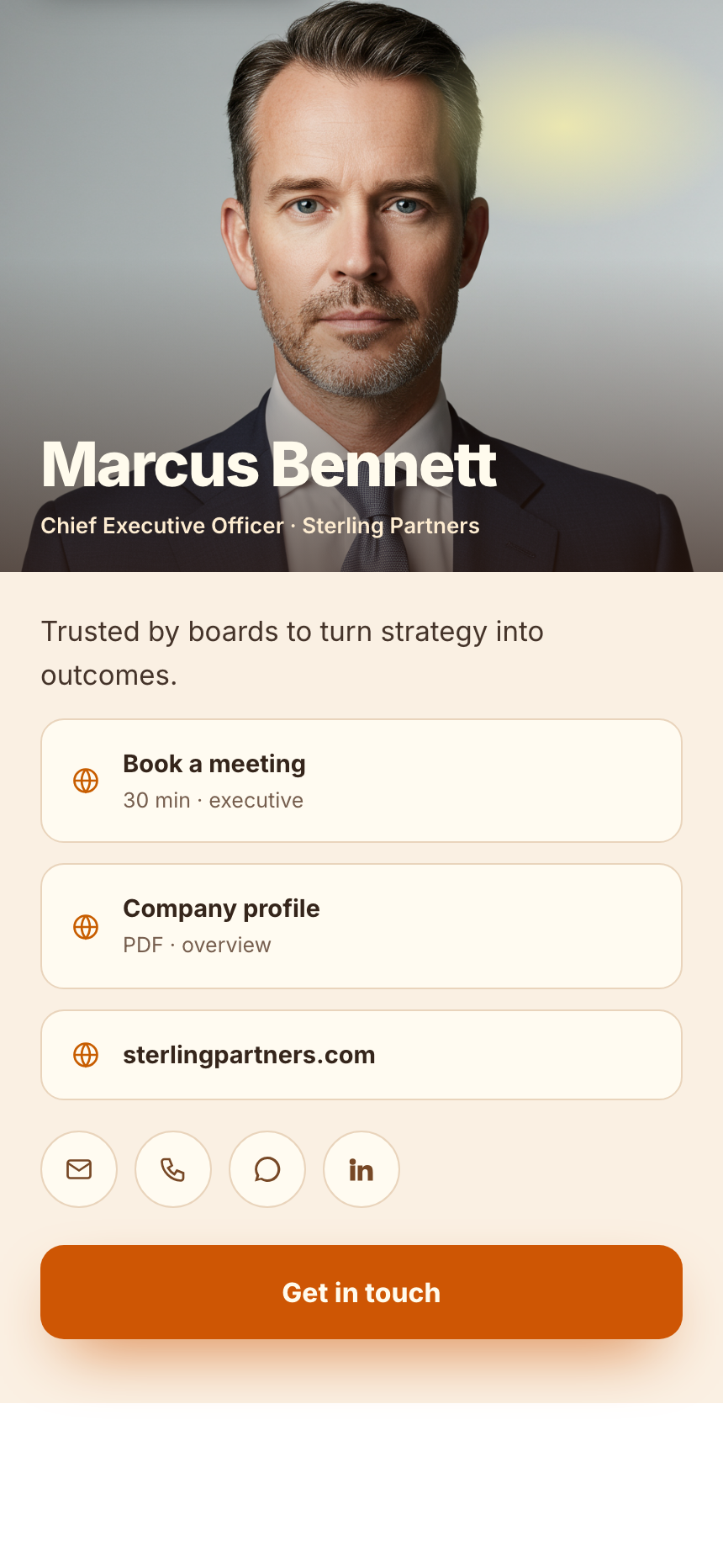 Marcus Bennett's digital business card on the Golden Hour template, rendered in FirstContactX