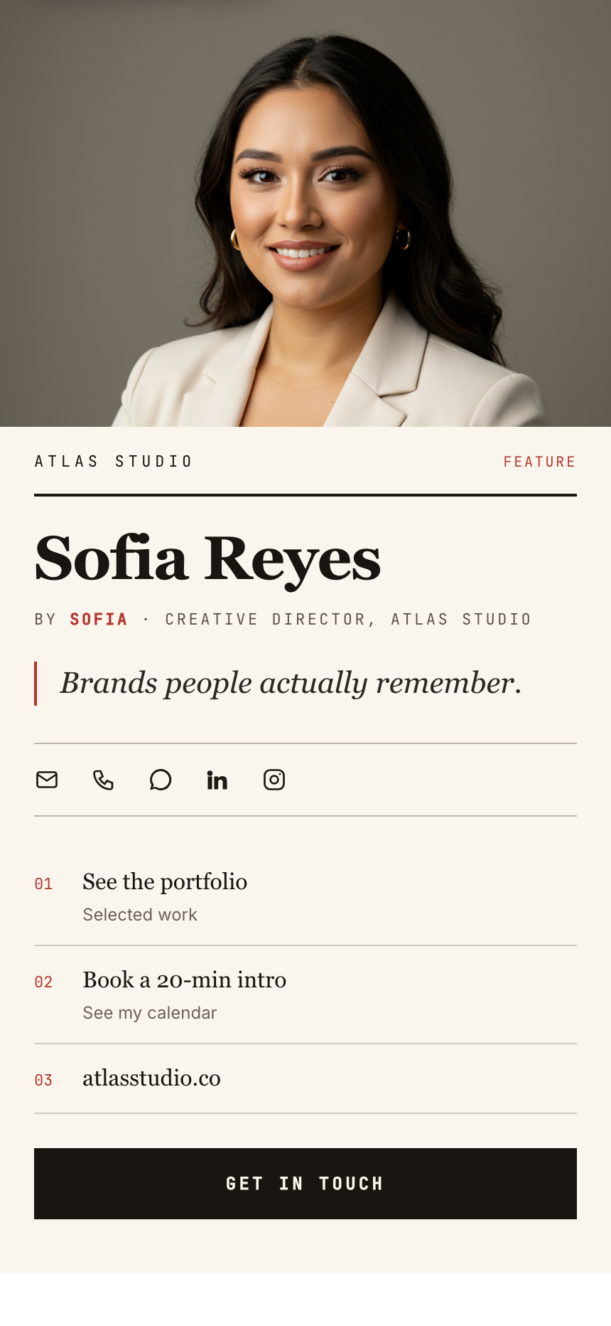 Sofia Reyes's digital business card on the Magazine template, rendered in FirstContactX